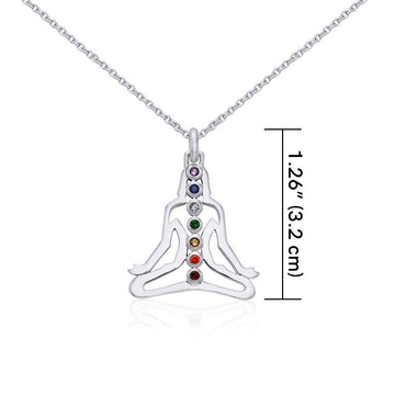Silver Meditation Silhouette Chakra Gemstone Pendant and Chain Set TSE776 - Jewelry